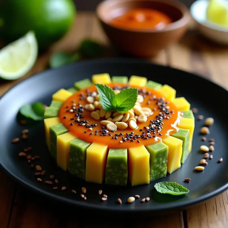 Tartare de aguacate y mango con salsa de tamarindo servido en plato blanco, decorado con semillas de sésamo, cacahuetes picados y hojas de menta. Presentación elegante de entrante tailandés vegano.