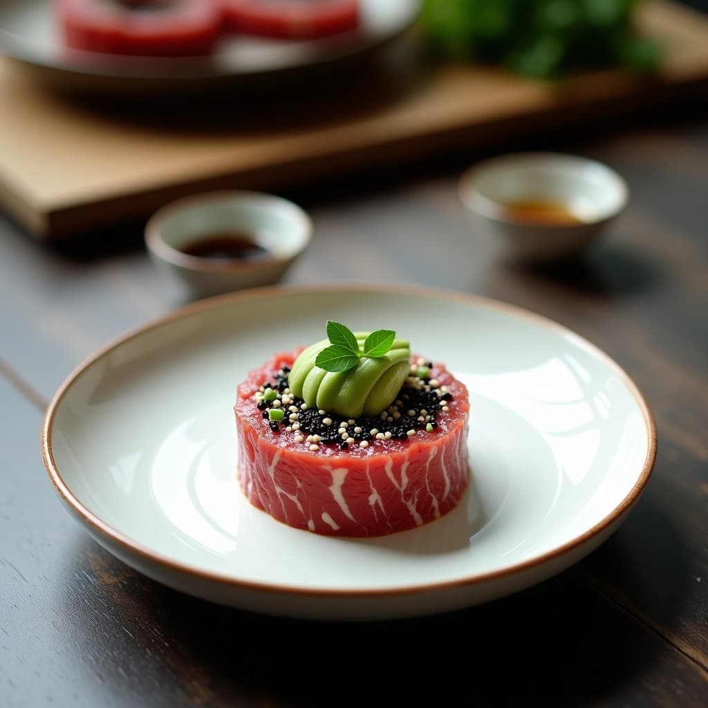 Plato blanco minimalista con tartare de aguacate y ventresca de atún en forma cilíndrica, cubierto de crujiente de sésamo negro y blanco con copos de alga nori. Decorado con hojas de shiso y cebollino picado. Receta japonesa keto.