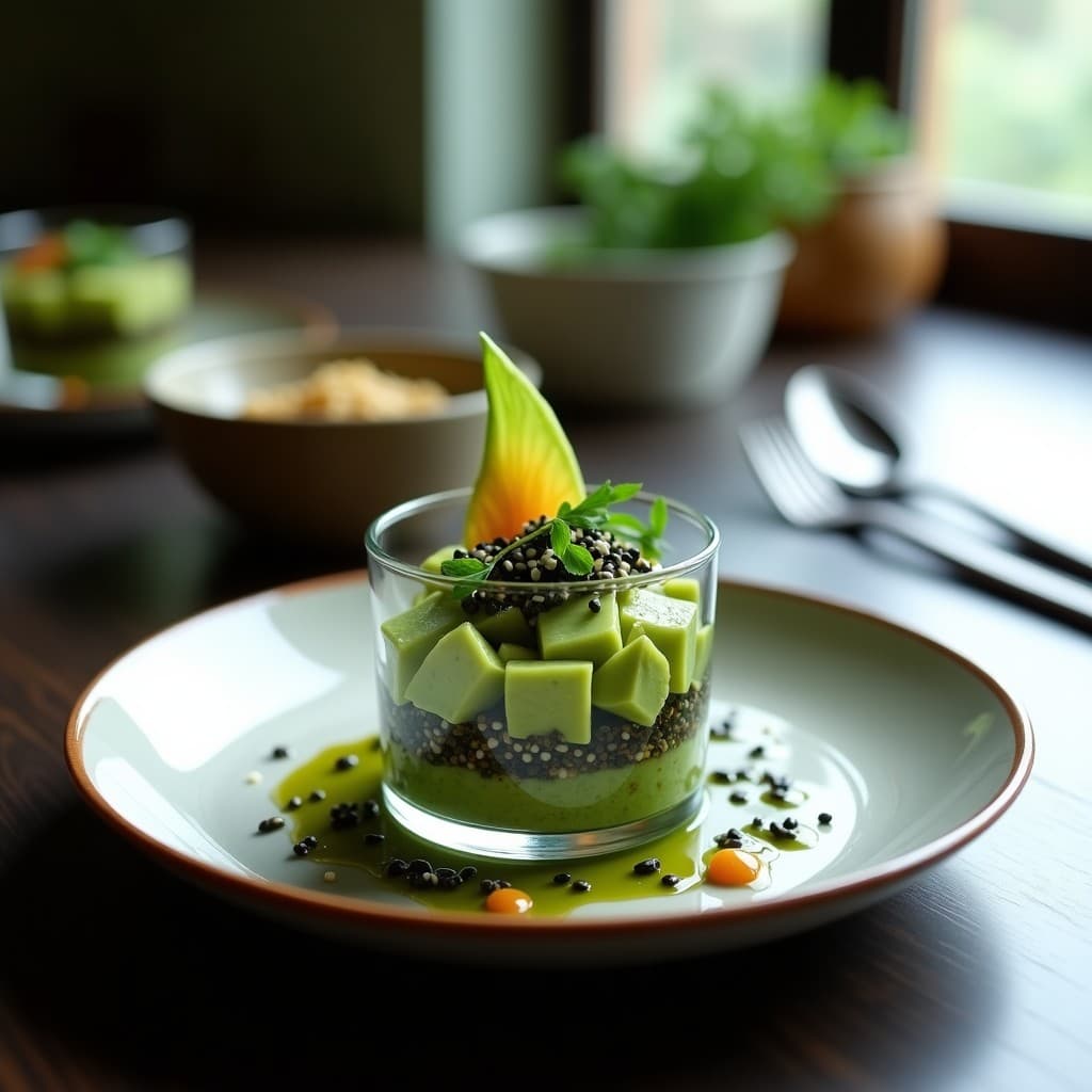 Tartare de algas wakame y aguacate con vinagreta de umeboshi servido en copa de cristal transparente, decorado con semillas de sésamo negro y blanco, cebollino picado y hojas de shiso, sobre fondo de madera oscura con luz natural.