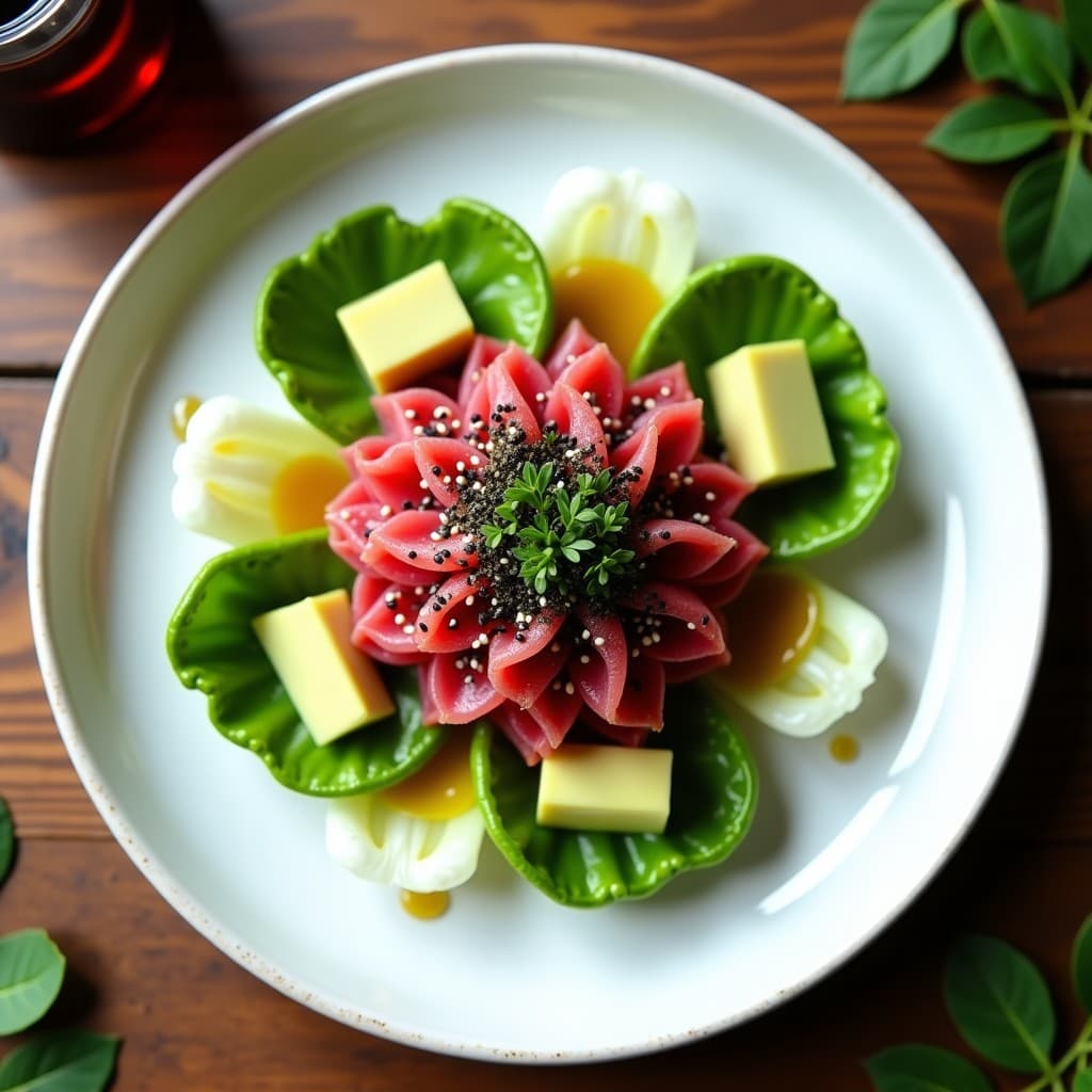 Tartare de atún rojo fresco en cubos perfectos mezclado con aguacate cremoso, decorado con semillas de sésamo negro y blanco, cebollino picado y copos de alga nori. Servido en un cuenco negro con vinagreta de wasabi al lado, sobre una mesa de madera oscura con galletas de arroz. Receta japonesa alta en omega-3.