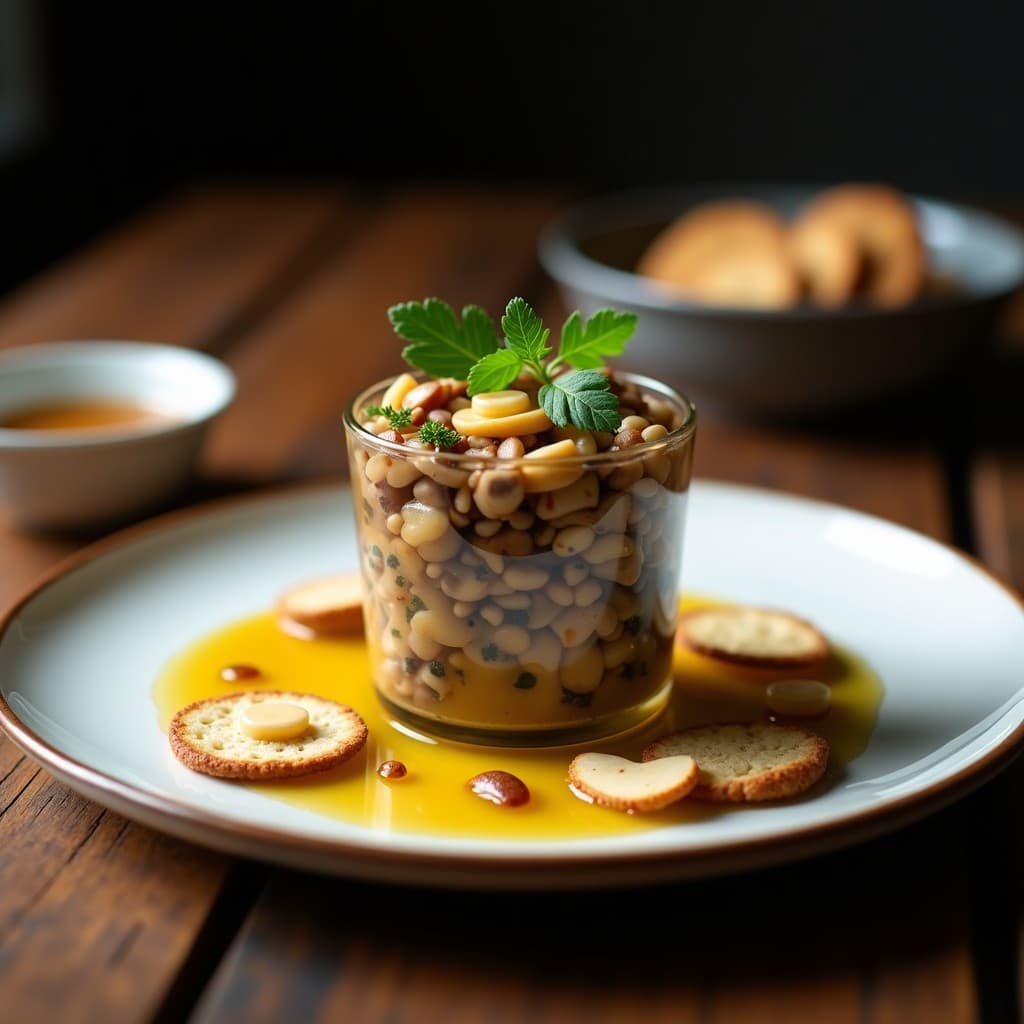 Tartare de champiñones Portobello con vinagreta de mostaza de Dijon y miel de agave servido en copa de cristal, decorado con almendras tostadas y perejil fresco, sobre fondo oscuro elegante.