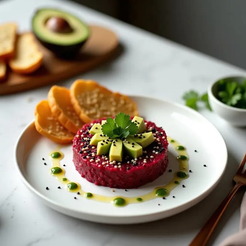 Tartare de remolacha y aguacate crudivegano servido en aros de acero sobre plato blanco, con pan de sésamo tostado al lado y semillas de sésamo negro y blanco como decoración.