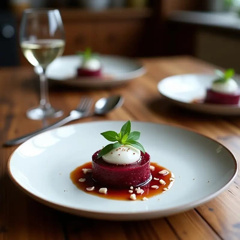 Copa de cristal con tartare de remolacha ahumada y coco rallado, decorado con semillas de sésamo y hojas de cilantro, acompañado de crackers integrales.