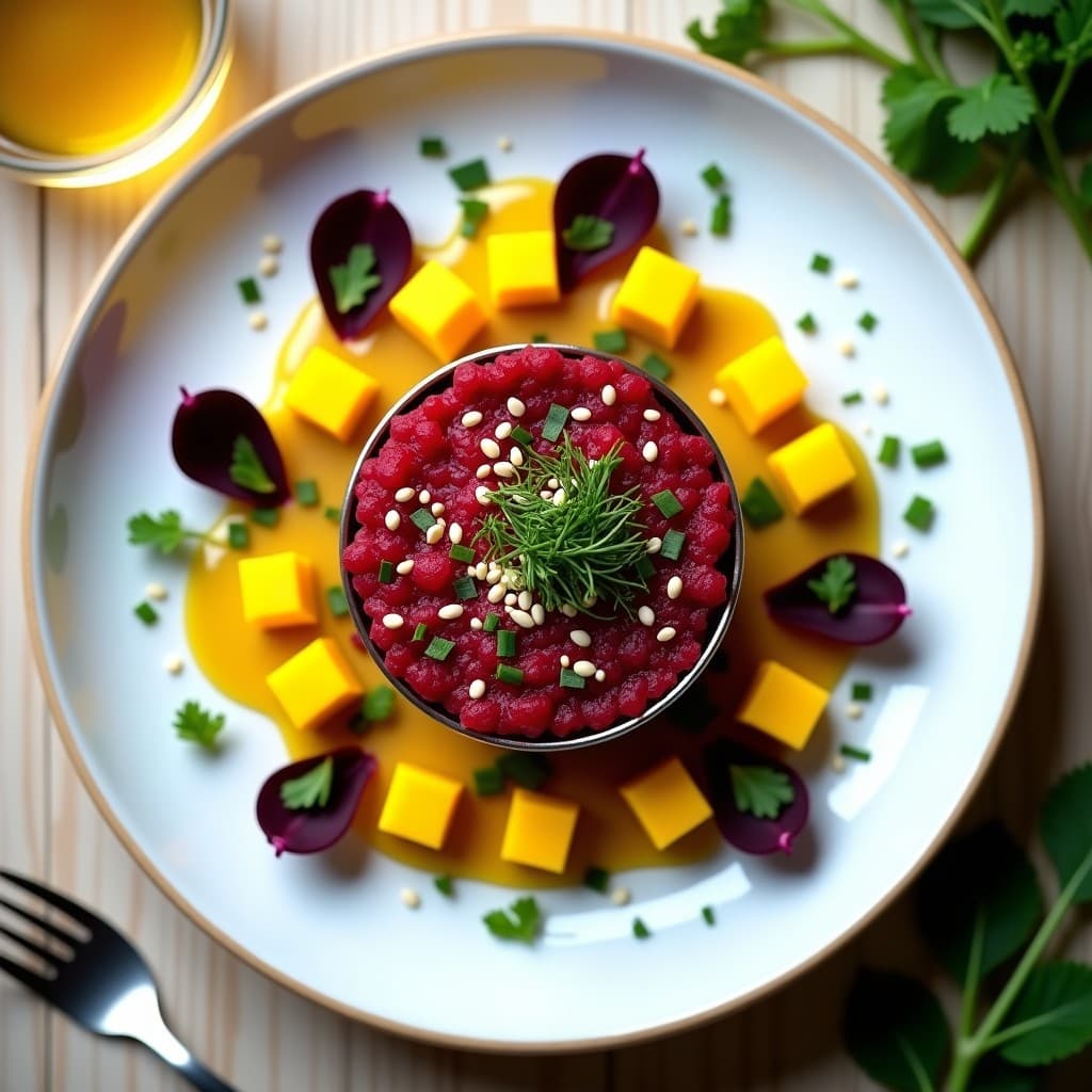 Tartare de Remolacha y Mango con Salsa de Mostaza y Miel: Entrante Vegano y Crudivegano