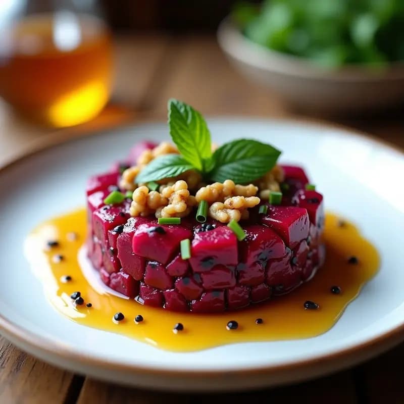 Tartare de remolacha cruda en dados morados y naranjas, mezclado con nueces tostadas picadas, cebollino fresco y semillas de sésamo negro, servido en plato blanco con vinagreta brillante de vinagre de sidra. Receta vegana sin cocinar.