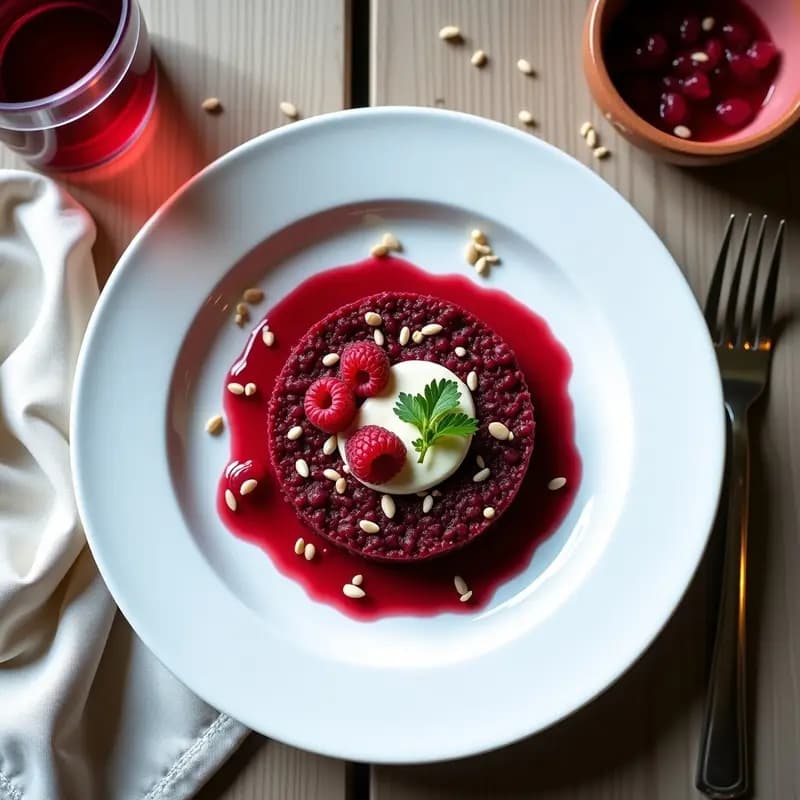 Plato blanco elegante con tartare de remolacha y queso de anacardos crudivegano, decorado con semillas de sésamo, frambuesas frescas y perejil. Vinagreta de frambuesa en el borde del plato, receta rápida y saludable.