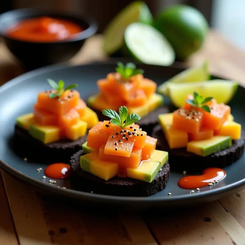 Tartare de salmón ahumado y mango con salsa sriracha servido sobre tostadas de pan negro, decorado con láminas de aguacate y semillas de sésamo, en un plato de cerámica negra con fondo de madera rústica.