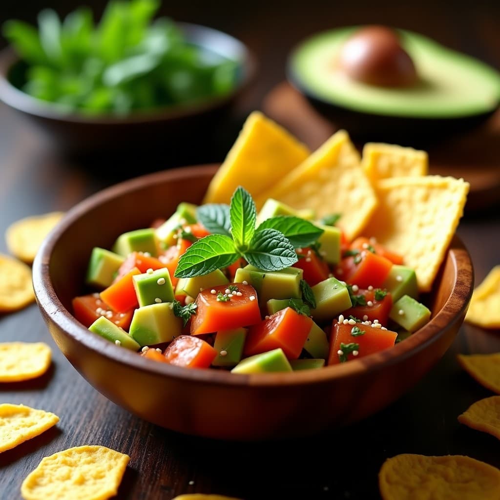 Tartare de tomate de árbol con aguacate servido en bol de madera, decorado con menta fresca y semillas de sésamo, acompañado de chips de plátano verde sobre fondo rústico de madera con luz natural.