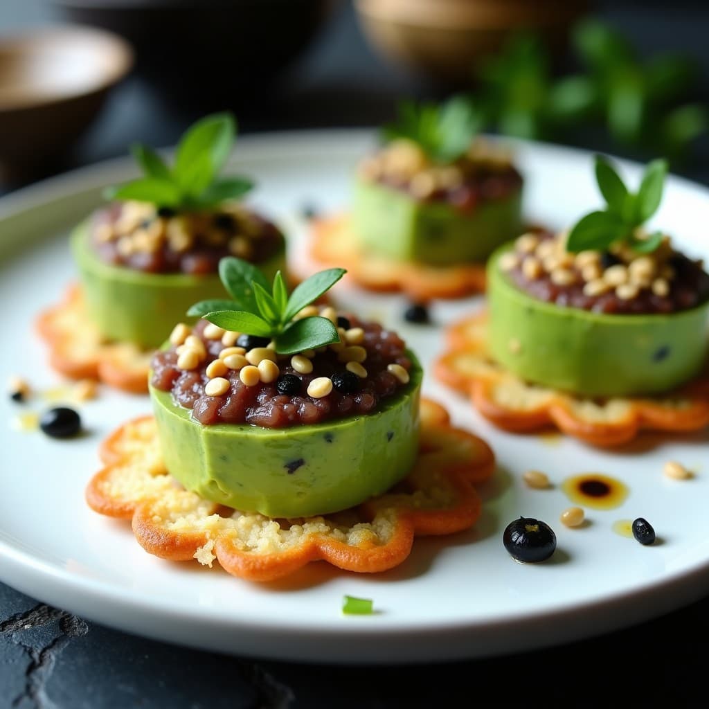 Tartaretas de aguacate y algas dulse con crujiente de sésamo negro y blanco, servidas sobre galletas de arroz inflado. Decoradas con cebollino fresco y hojas de shiso, con un toque de vinagreta de ponzu. Plato vegano crudivegano con influencia japonesa.