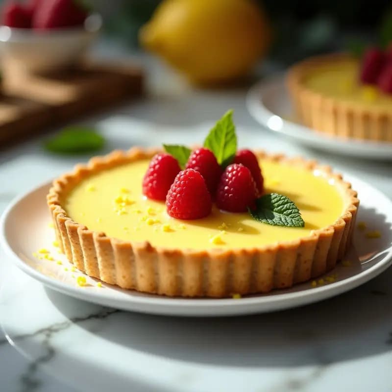 Tarte au Citron Frances en molde desmontable: base dorada de galleta especiada con crema de limón sedosa y brillante, decorada con ralladura de limón amarillo intenso. Postre ácido y cremoso con textura impecable.