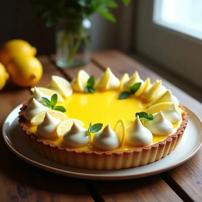 Tarte au Citron de limón yuzu sin gluten en molde dorado, con base de avellana y coco, relleno cremoso amarillo pálido y merengue tostado en picos dorados. Decoración con láminas de limón yuzu y hojas de menta sobre fondo rústico de madera.