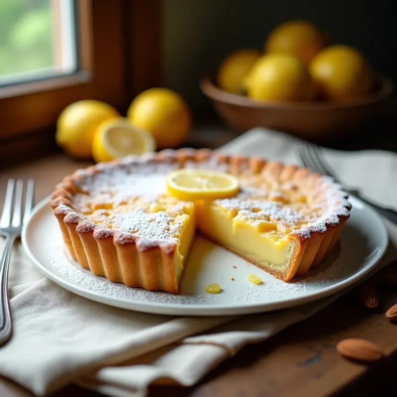 Tarte de Santiago de almendra y limón sin harina, con superficie dorada y decorada con azúcar glas, servida en un plato de porcelana blanca sobre un mantel rústico de lino.