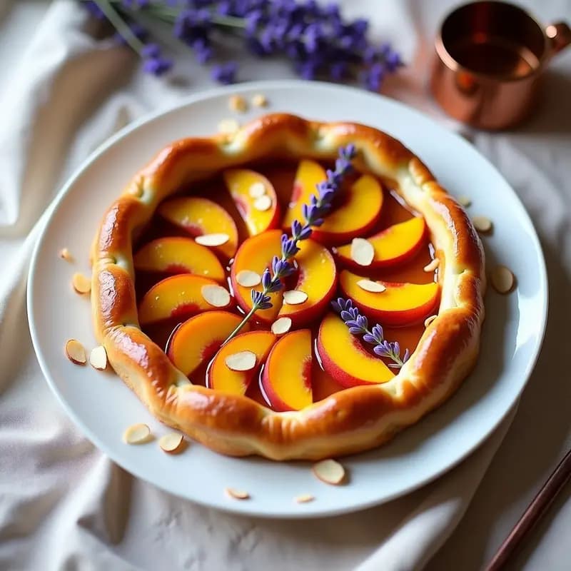 Tarte Tatin de Durazno y Lavanda invertida sobre un plato de porcelana blanca, con gajos de durazno caramelizados en patrón circular, masa dorada y crujiente, decorada con almendras fileteadas y un hilo de miel de lavanda. Postre francés floral sin horno.