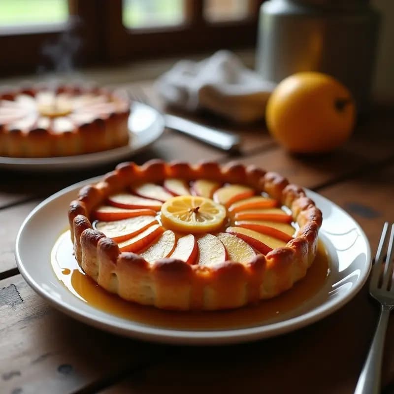 Tarte tatin de manzana y canela recién horneada, con caramelo líquido dorado fluendo por los bordes, manzanas tiernas y masa brisa crujiente. Postre francés tradicional en plato blanco rústico.
