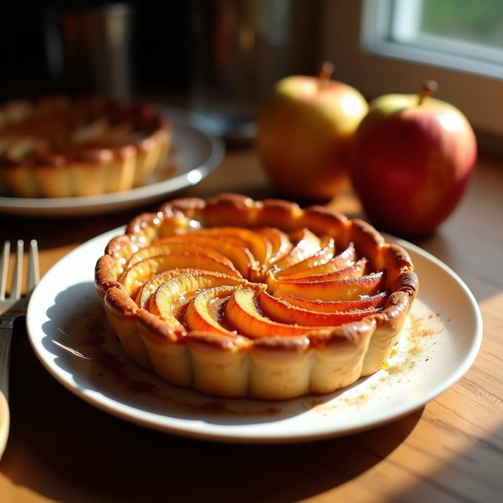 Tarte Tatin de manzana y canela sin azúcar en sartén de hierro, con manzanas Golden caramelizadas y masa hojaldrada dorada, decorada con almendras fileteadas y un toque de canela en polvo.