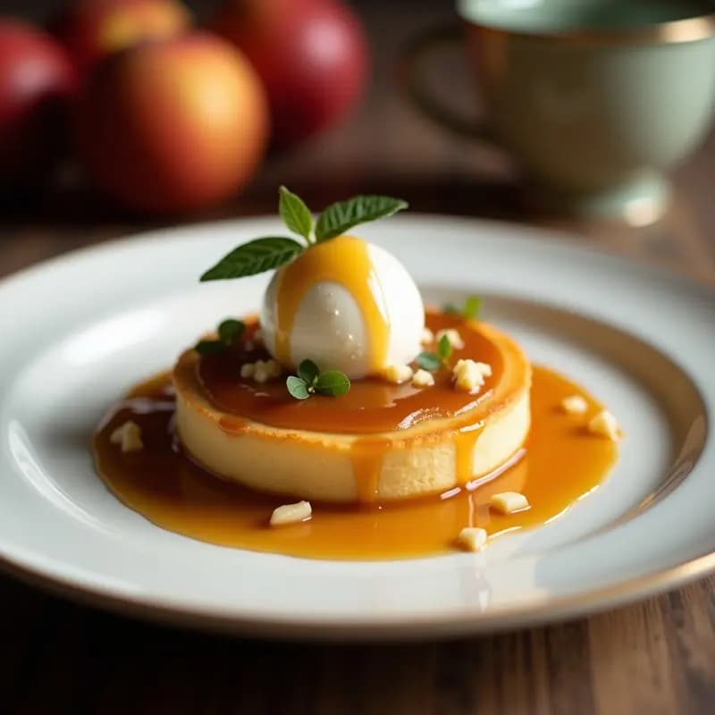 Tarte Tatin de Manzana y Caramelo Salado recién horneada, con manzanas Granny Smith doradas bajo una masa brisa crujiente, bañada en caramelo brillante. Acompañada de una bola de helado de vainilla casero y almendras fileteadas tostadas, sobre un plato de porcelana blanca.