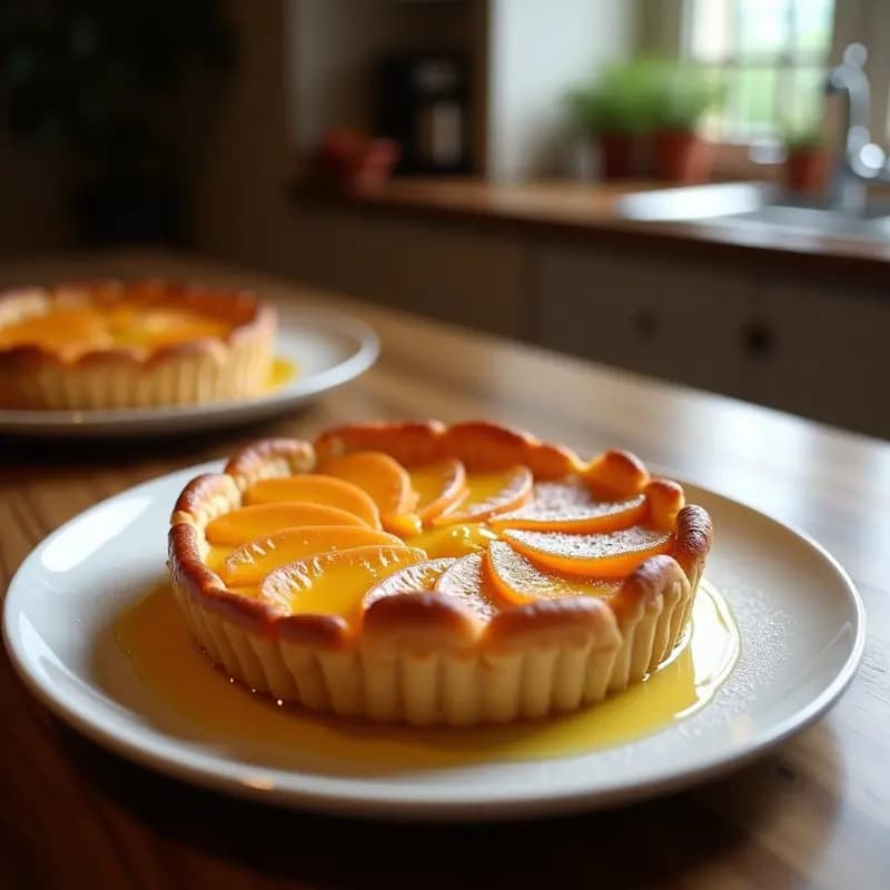 Tarte Tatin dorada con manzanas Granny Smith caramelizadas en molde de acero, bañadas en jarabe de Ice Cider brillante, servida en plato de porcelana blanca con almendras fileteadas y un chorrito de reducción de sidra de hielo.