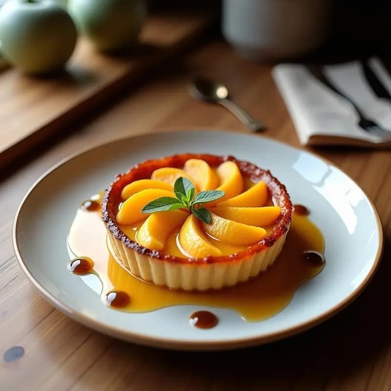 Tarte Tatin de Manzana y Miso en sartén de hierro, con manzanas Granny Smith caramelizadas en espiral y masa dorada crujiente. Caramelo brillante con vetas ámbar y toques de jengibre. Postre francés salado-dulce servido en plato rústico con helado de vainilla.