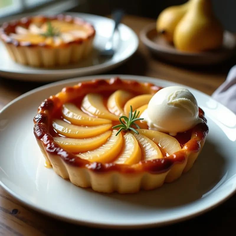 Tarte Tatin de peras y caramelo de miel recién horneada, con peras doradas y caramelizadas bajo una masa crujiente y dorada, servida en un plato de cerámica blanca con un hilo de caramelo brillante y una bola de helado de vainilla derritiéndose ligeramente.