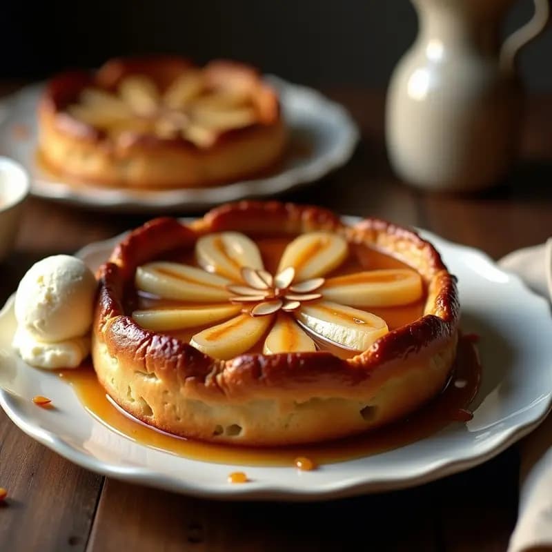 Tarte Tatin de Peras y Caramelo francesa clásica con toque moderno, peras doradas caramelizadas sobre masa crujiente, almendras fileteadas y brillo de vainilla bourbon, servida en plato rústico con helado de vainilla.