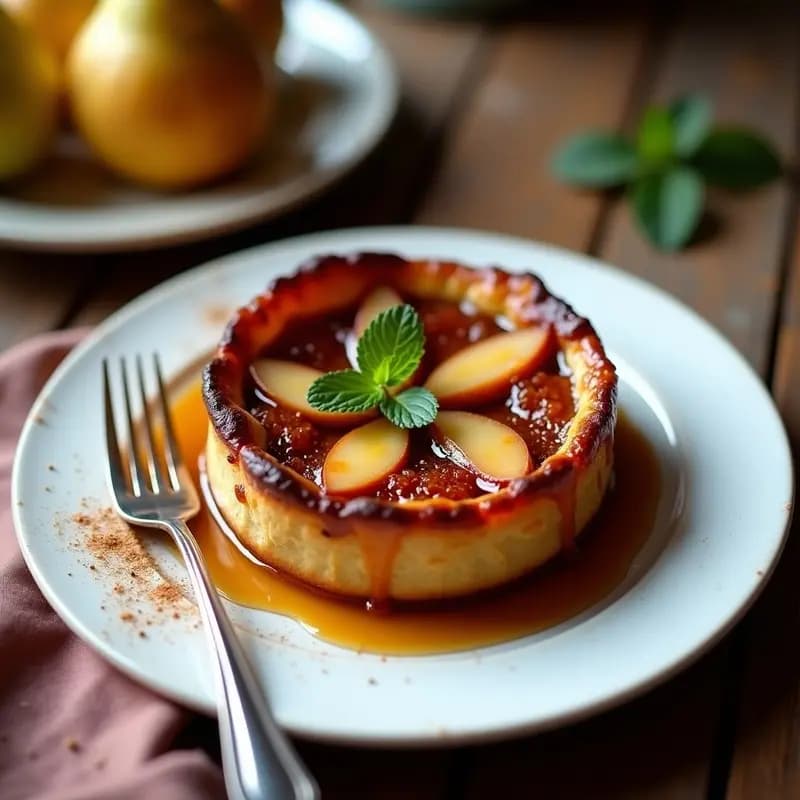 Tarte Tatin de Peras al Ron y Canela invertida en plato de porcelana blanca, con peras caramelizadas doradas, masa crujiente de almendra y un hilo de caramelo brillante. Servida con una bola de helado de coco y espolvoreada con canela en polvo.