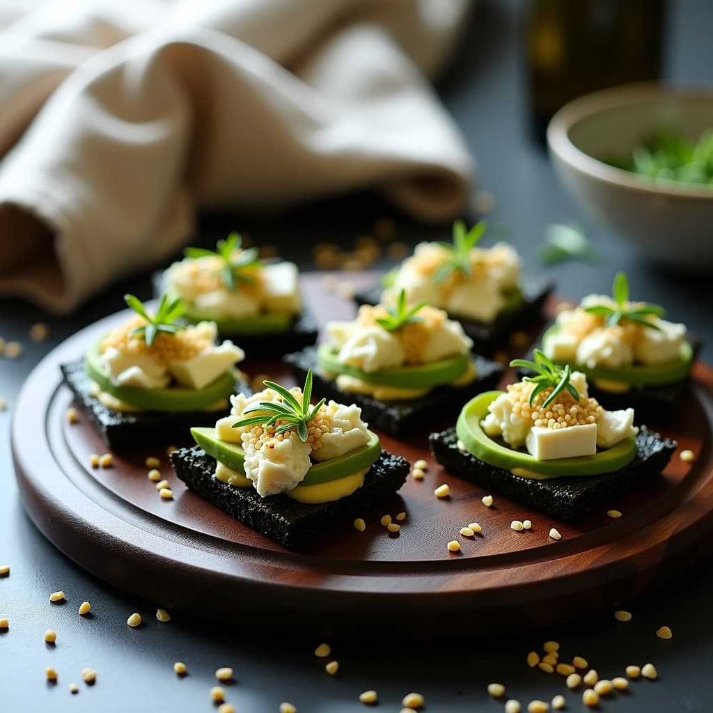 Tarteletas de algas nori y queso feta dispuestas en una bandeja de madera oscura, con semillas de sésamo y cebollino fresco como decoración, aperitivo crujiente japonés-griego sin horno.
