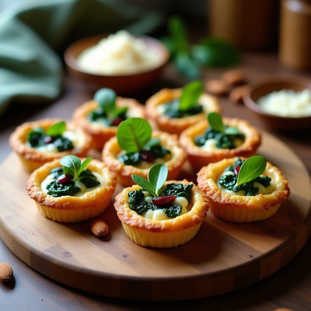 Tartelettes de espinaca y queso de oveja con base de almendra dorada, dispuestas en un plato de madera rústico. Cada tartelette muestra capas de base crujiente, relleno verde de espinacas y queso de oveja gratinado, decoradas con nueces picadas y hierbas provenzales. Receta sin gluten en Thermomix.