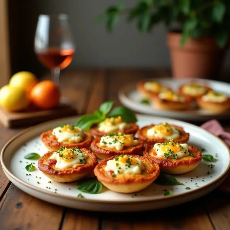 Tartelettes de higos y queso de oveja en moldes dorados: base crujiente de harina de avellana, relleno cremoso de queso desmenuzado y higos frescos caramelizados en abanico, decorados con miel de tomillo y escamas de sal marina sobre fondo rústico de madera.