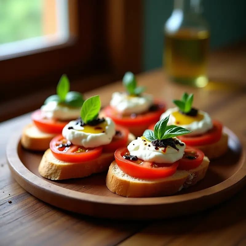 Tartín de tomate y burrata con albahaca fresca, servido en un plato de madera rústico con un hilo de aceite de oliva y vinagre balsámico.