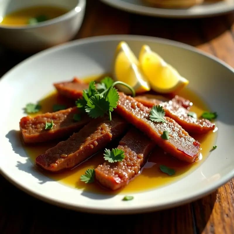 Tiras doradas y crujientes de tasajo al ajillo en airfryer, servidas en plato blanco con cilantro fresco y rodajas de limón, receta express colombiana.