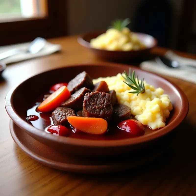 Plato hondo de barro con tasajo al vino tinto en olla rápida, carne tierna en salsa oscura con zanahorias y pimientos, servido con puré de papas cremoso.