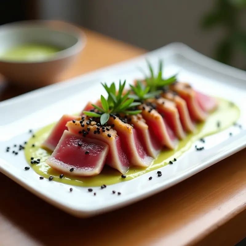Plato rectangular blanco con láminas finas de tataki de atún sellado, cubiertas con salsa de wasabi y espolvoreadas con sésamo negro y blanco tostado. Decorado con cebollino fresco picado. Entrante japonés crujiente y elegante.