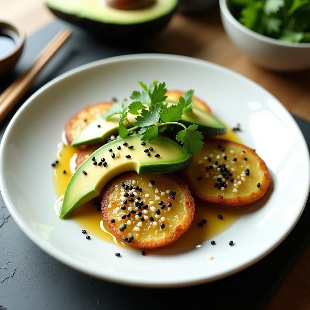 Plato japonés de tataki vegano con láminas doradas de calabacín y aguacate verde cremoso, decorado con semillas de sésamo negro y blanco, algas nori y salsa wasabi verde picante. Receta en airfryer con presentación elegante sobre fondo de madera oscura.