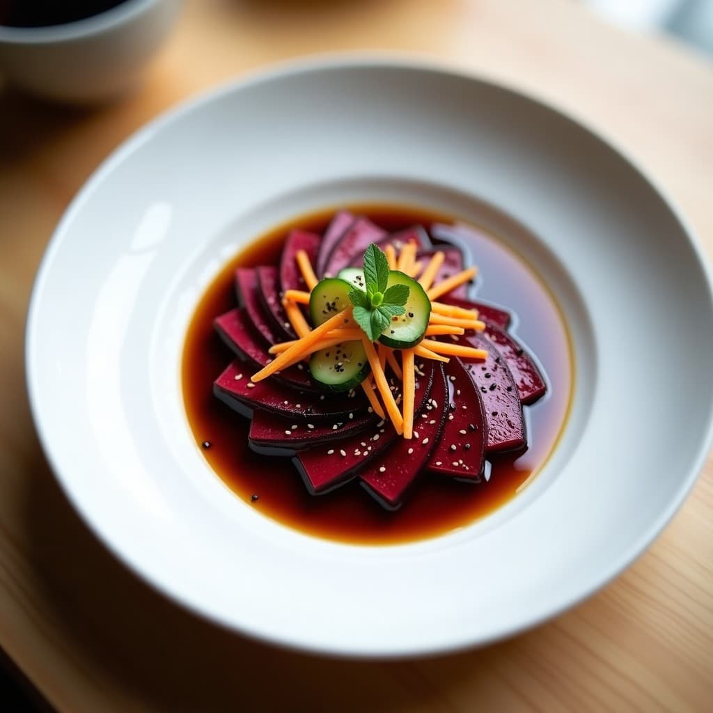 Plato blanco minimalista con láminas finas de remolacha asada en tataki, encurtidos de pepino y zanahoria en juliana, bañados con vinagreta de miso brillante. Decorado con semillas de sésamo negro y brotes verdes.