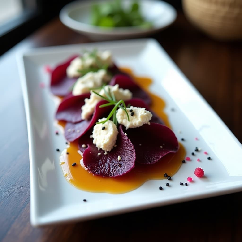 Plato blanco alargado con tataki de remolacha en láminas finas, queso vegano desmenuzado, reducción de sake brillante y semillas de sésamo negro. Decorado con cebollino y pimienta rosa, sobre fondo de madera oscura.