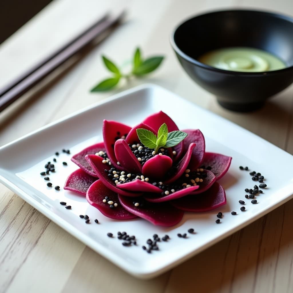 Plato blanco rectangular con tataki de remolacha y raíz de loto en rodajas finas alternadas, bañadas en aderezo de wasabi verde pálido. Espolvoreado con semillas de sésamo blanco y cebollino picado. Fondos borrosos de ingredientes japoneses como salsa de soja y jengibre.