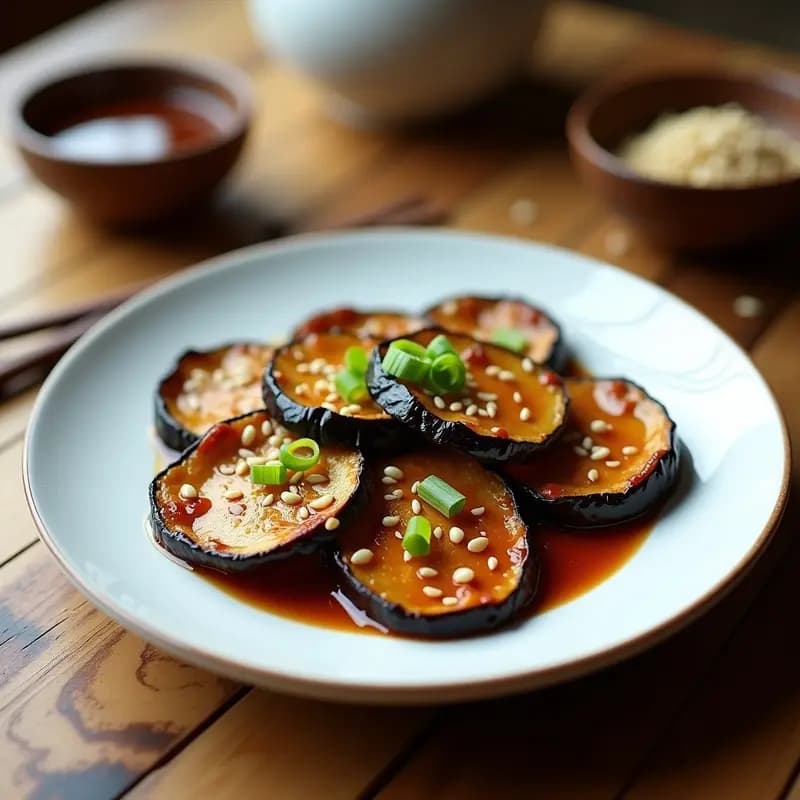 Rodajas de berenjena doradas y brillantes con glaseado Teriyaki, espolvoreadas con semillas de sésamo y cebollino fresco, servidas en plato blanco sobre fondo rústico.