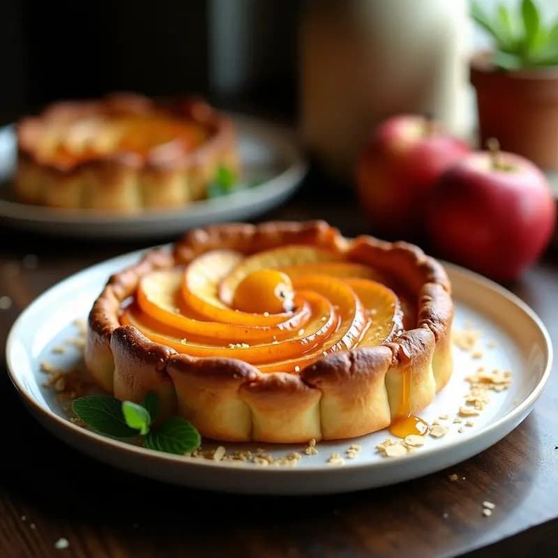 Tarta Tatin vegana dorada con manzanas caramelizadas en círculo perfecto, masa crujiente y almendras tostadas, servida en plato de cerámica blanca.