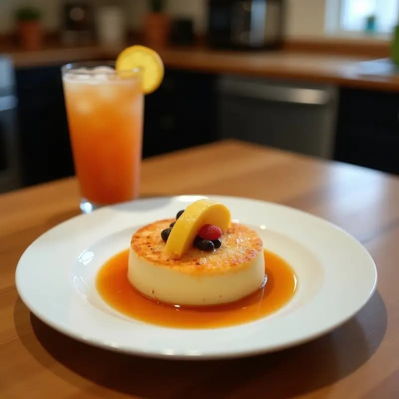 Tatin de Manzana dorada con caramelo brillante invertido sobre un plato blanco, rodeada de bolitas de bubble tea negras en leche de coco cremosa, decorado con canela en polvo y virutas de coco.