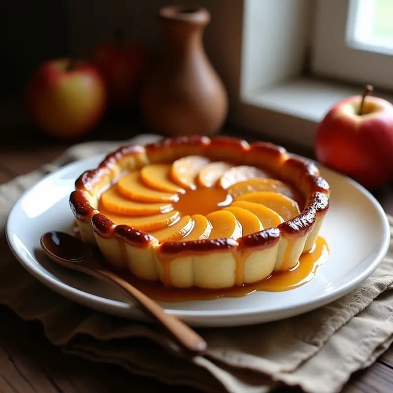 Tarta Tatin de manzana caramelizada en plato de porcelana blanca, con manzanas doradas y caramelo brillante, servida con una cuchara de madera.