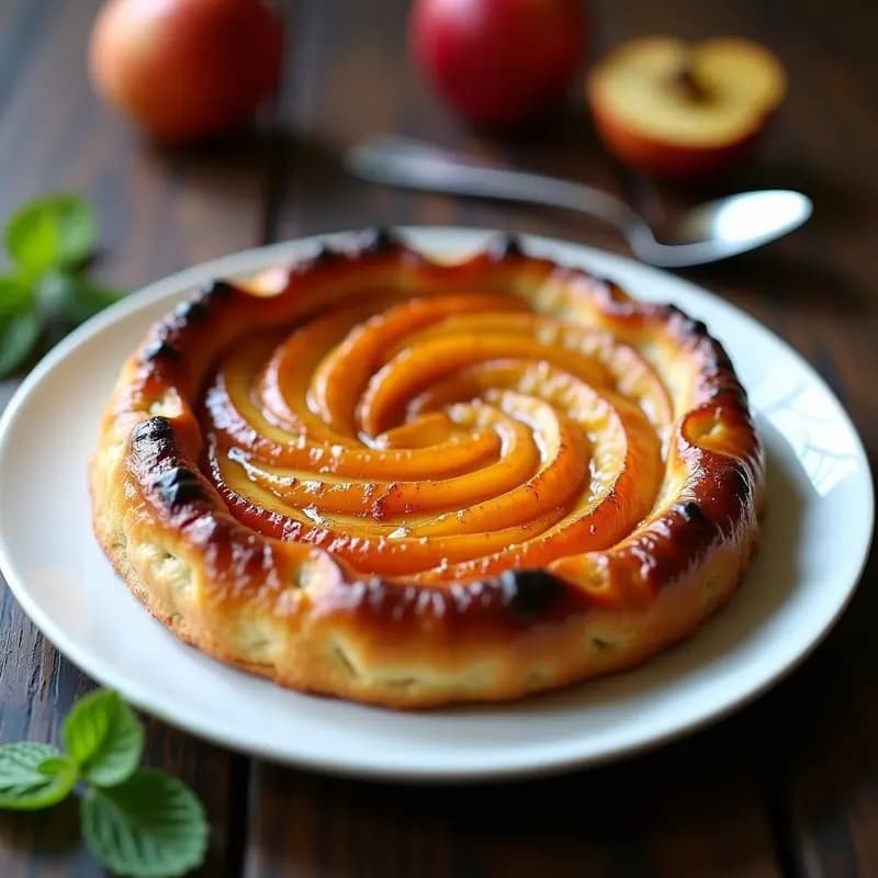Tatin de manzana y sidra al revés en plato de cerámica blanca, con caramelo dorado burbujeante, gajos de manzana Golden perfectamente dispuestos y masa de hojaldre crujiente. Postre francés con toque borgoñón, servido con una cuchara de plata y hojas de menta.