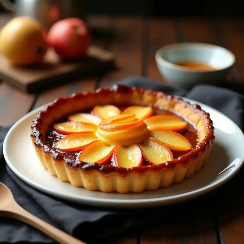 Tartaleta tatin de panela colombiana dorada en plato blanco, con manzanas caramelizadas y masa crujiente, servida con una cuchara de madera.