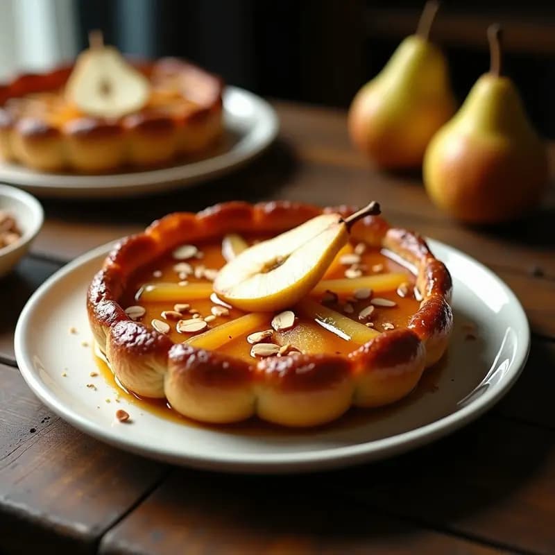 Tarta Tatin de peras y almendras con caramelo dorado y masa hojaldrada crujiente, servida en plato blanco sobre fondo rústico.