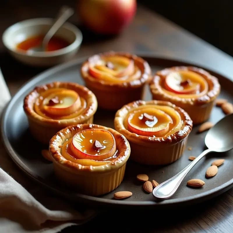 Seis tatin de manzana en mini moldes de cerámica, con caramelo dorado burbujeante y masa hojaldrada crujiente, decoradas con almendras fileteadas tostadas sobre una mesa de madera rústica.