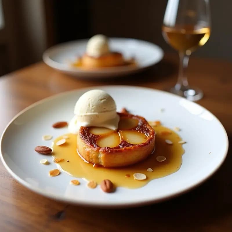 Tatin de peras al vino blanco con helado de vainilla servido en plato blanco: peras caramelizadas doradas bajo una masa quebrada crujiente, acompañadas de una bola de helado de vainilla derritiéndose ligeramente y almendras fileteadas tostadas.