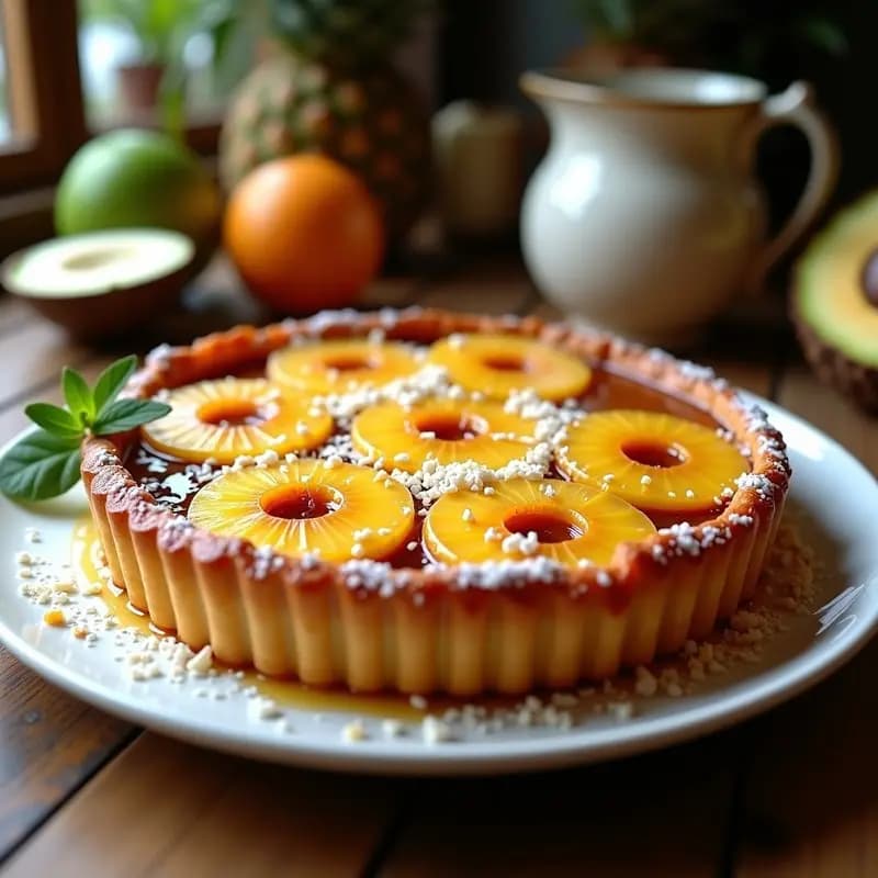 Tarta tatin de piña colada recién horneada, con rodajas de piña caramelizadas y coco rallado dorado, servida en plato blanco con fondo de madera rústica.