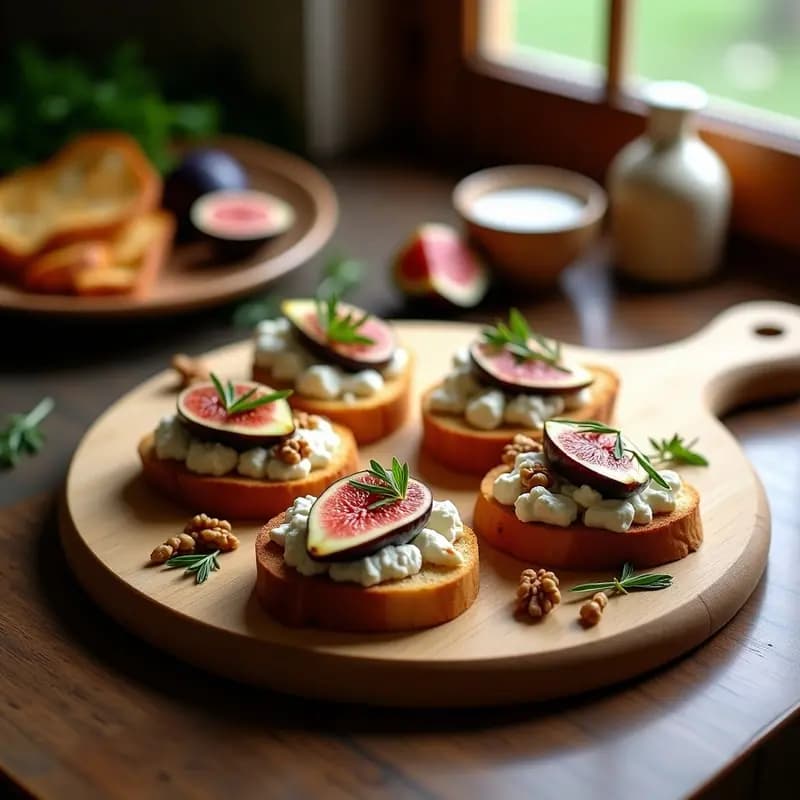 Tartín salada gourmet sobre tabla de madera con rebanadas de pan rústico tostado, queso de cabra desmenuzado, higos caramelizados abiertos en abanico, nueces doradas y un hilo de vinagre balsámico reducido.