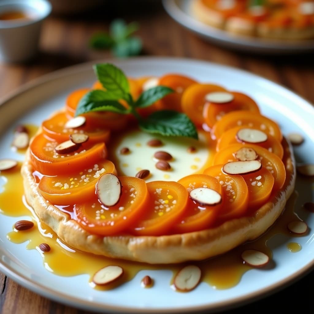 Tatin de tomate de árbol y queso de cabra invertida en plato blanco, con caramelo dorado brillante, rodajas de tomate de árbol caramelizadas y queso de cabra gratinado, decorada con almendras tostadas y hojas de menta, postre colombiano sin azúcar.