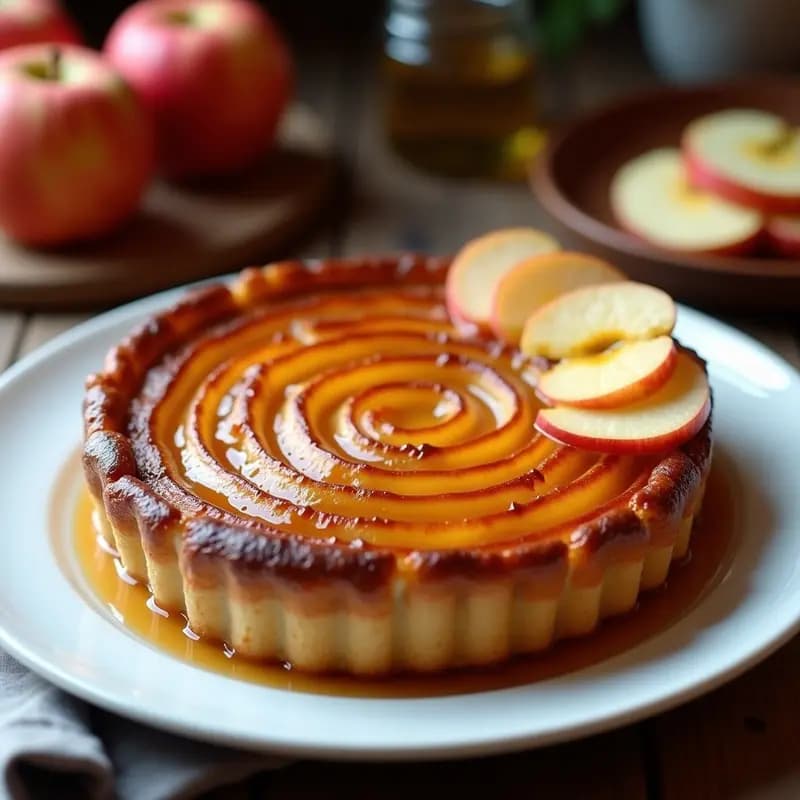Tarta Tatin vegana de manzana con caramelo ahumado, dorada y brillante, servida en plato de cerámica blanca con manzanas caramelizadas en espiral y fondo difuminado de cocina rústica.