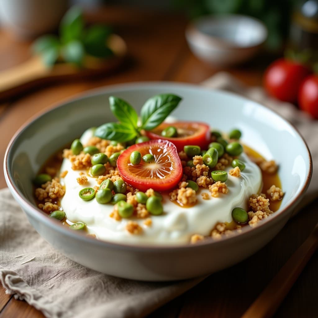 Tazón de cerámica blanca con capas de yogur griego cremoso, granola dorada de pistacho y avena, frutos rojos frescos y un hilo de miel dorada, servido sobre una mesa de madera rústica con una cuchara de madera.